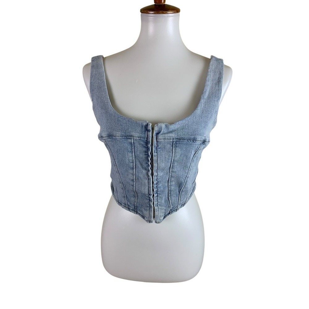 Signature 8 Light Wash Denim Corset Crop Top Hook Front Y2K Small